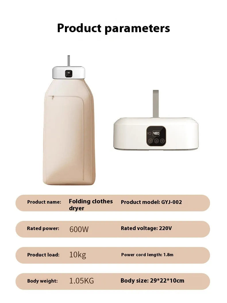 White cylindrical compact laundry dryer with remote control, dimensions 29x22x10cm, foldable for storage