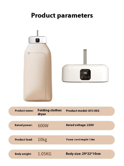 White cylindrical compact laundry dryer with remote control, dimensions 29x22x10cm, foldable for storage