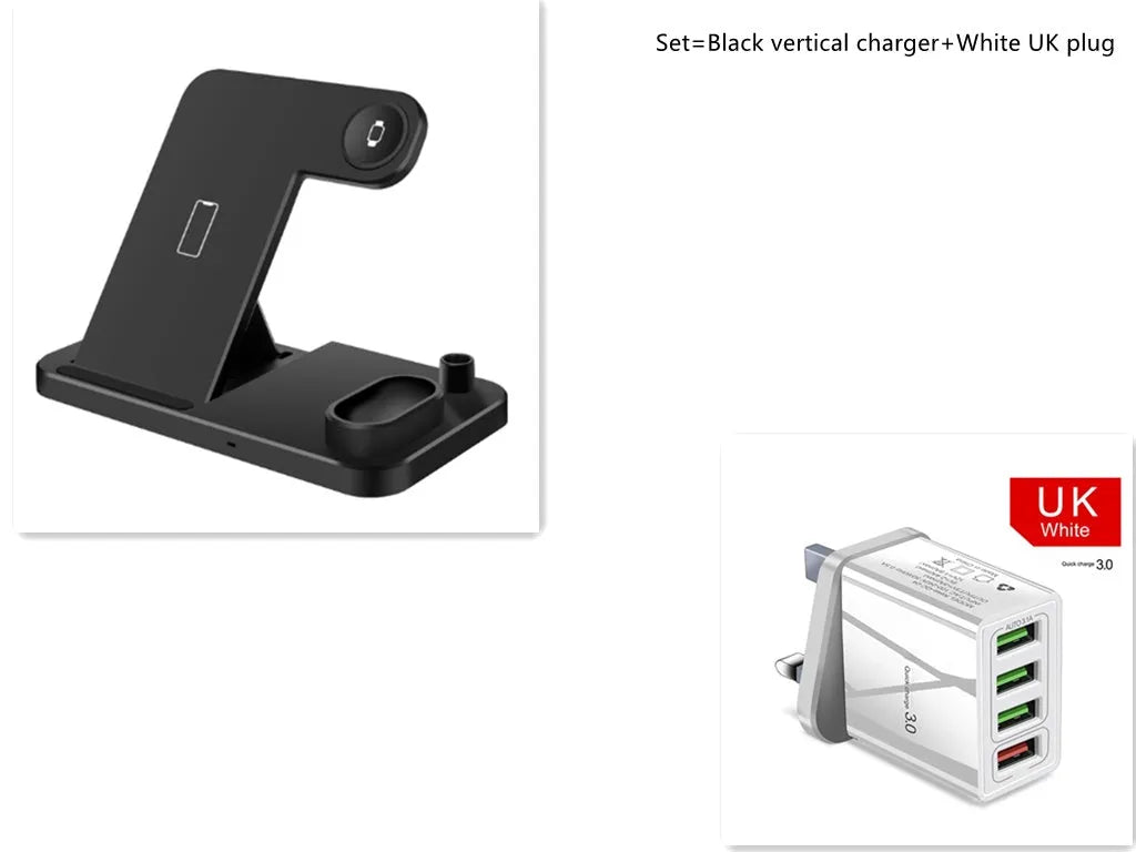 4-in-1 wireless charging station with adjustable magnetic stand charging phone, watch, AirPods, and Apple Pencil