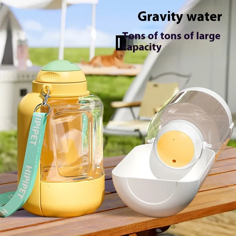 Portable 2-in-1 dog and cat water bowl with food container, available in white, yellow, and grey colors