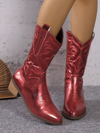 Women's pointed toe western boots with chunky heel in various colors