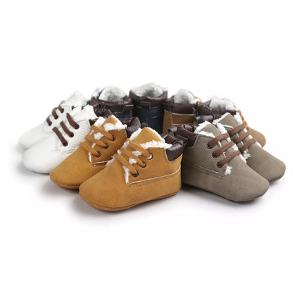 Winter baby boys suede leather sneakers with anti-slip soles in gray, blue, brown, white, and dark brown