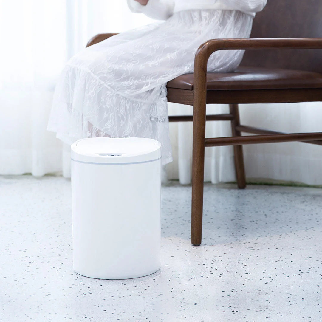 White Smart Sensor Trash Can with motion-activated lid for hygienic waste disposal