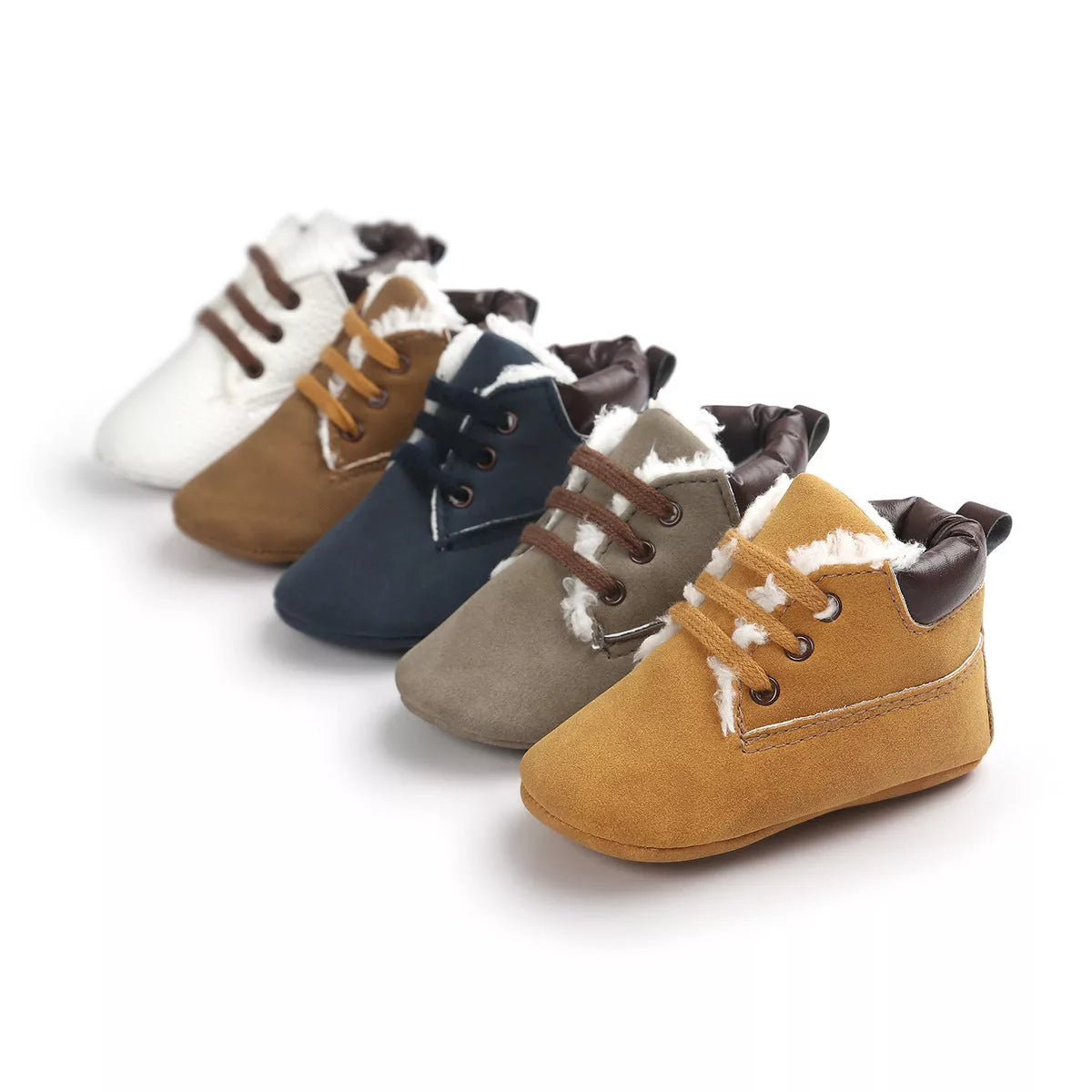 Winter baby boys suede leather sneakers with anti-slip soles in gray, blue, brown, white, and dark brown