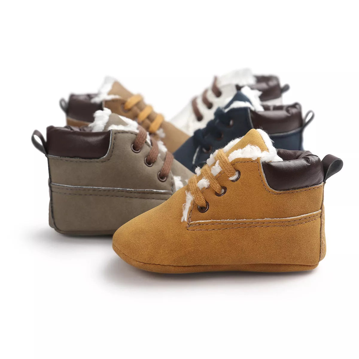Winter baby boys suede leather sneakers with anti-slip soles in gray, blue, brown, white, and dark brown