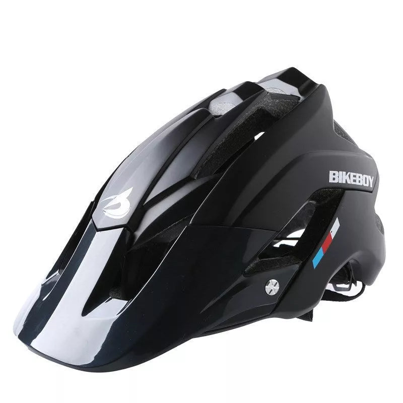 Adult mountain bike helmet in blue yellow, black, and black red yellow options
