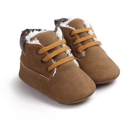 Winter baby boys suede leather sneakers with anti-slip soles in gray, blue, brown, white, and dark brown