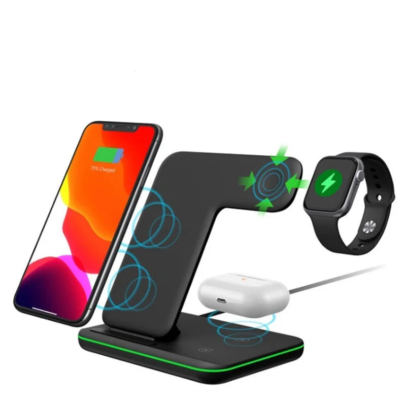 3-in-1 wireless charger for phone, watch, and headset in black and white