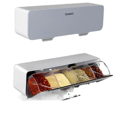 Wall-mounted plastic spice box set with multiple compartments and measuring spoon in kitchen