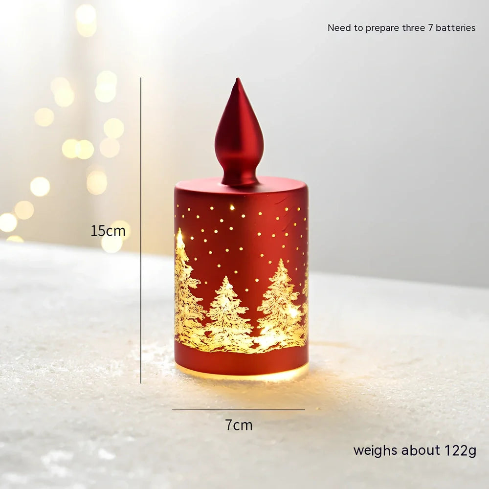 Glass Christmas desktop decoration showing tree, cone, and cup designs in various colours