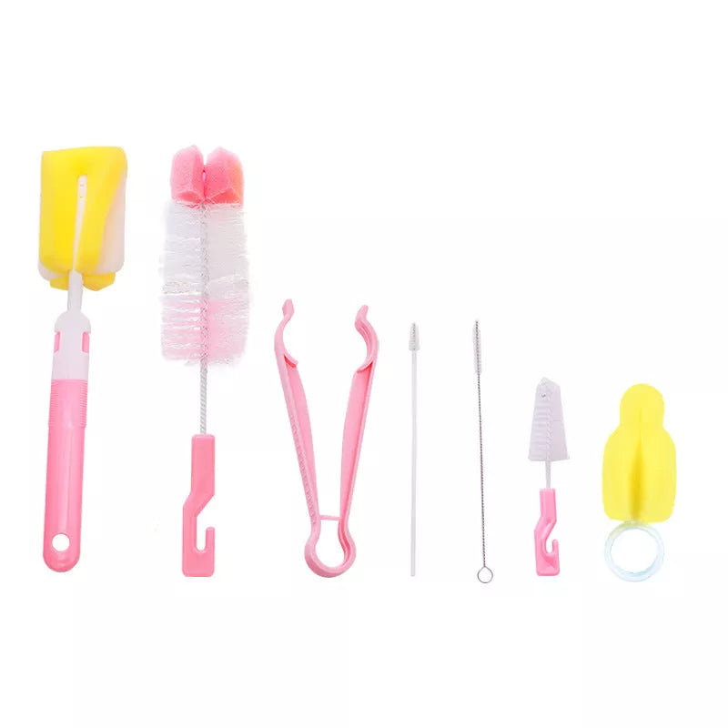 Orange Belle seven-piece bottle brush set in blue and pink, including sponge and nylon brushes for comprehensive cleaning