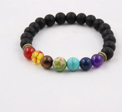 Handcrafted black lava beaded bracelet with seven chakra stones for healing and balance