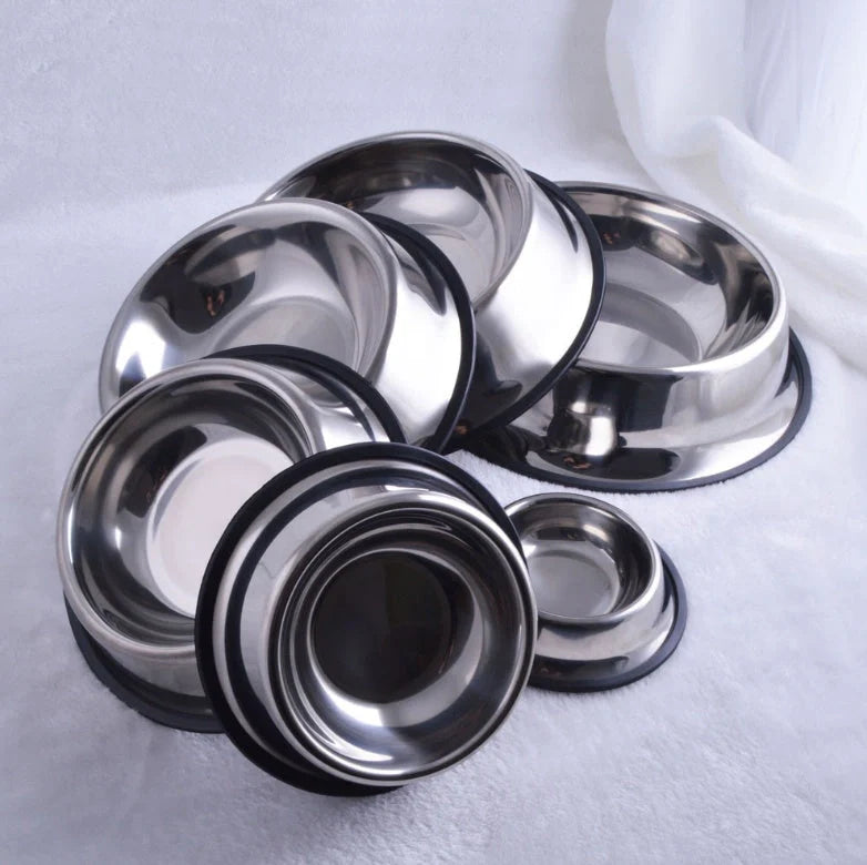 Stainless steel pet bowls with non-slip base, available in multiple sizes for all pets