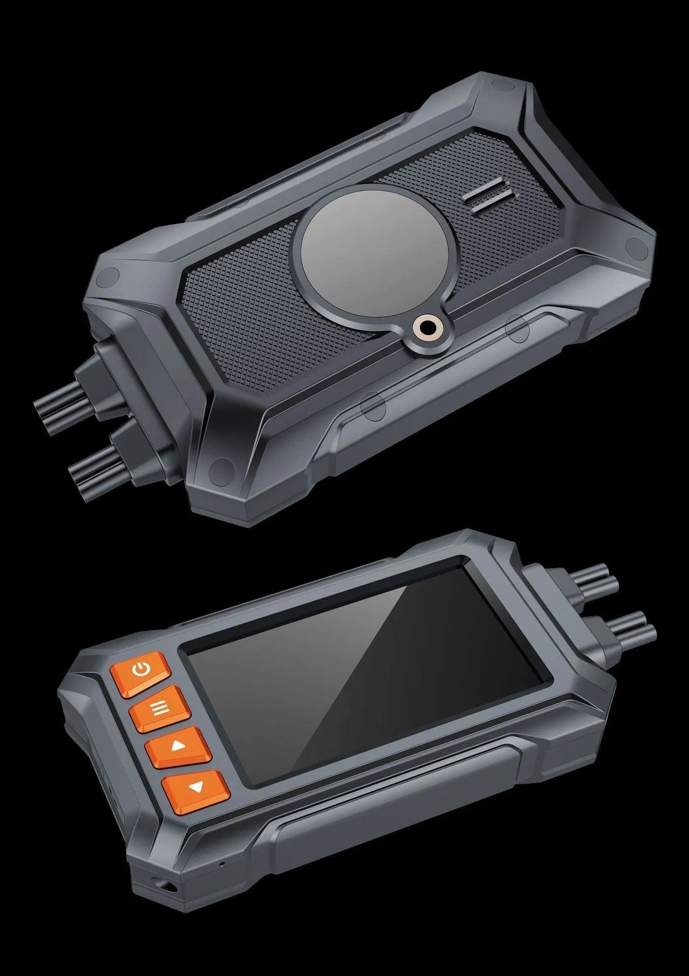 Motorcycle tachograph with dual lenses, GPS module, and waterproof housing, measuring 120mm x 64mm x 25mm