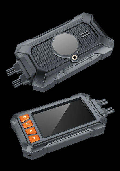 Motorcycle tachograph with dual lenses, GPS module, and waterproof housing, measuring 120mm x 64mm x 25mm