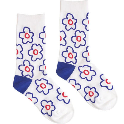 Cozy cotton socks featuring a playful cartoon flower pattern, designed for breathability and comfort.