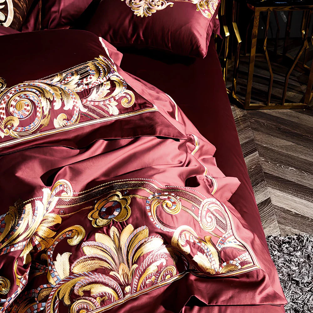 Embroidered Chinese cotton quilt cover with plant patterns in grey colour option on standard UK bed