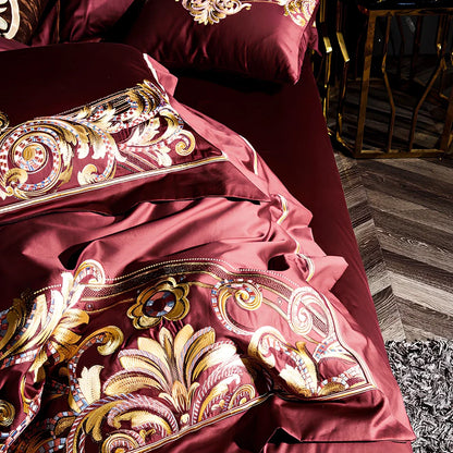 Embroidered Chinese cotton quilt cover with plant patterns in grey colour option on standard UK bed