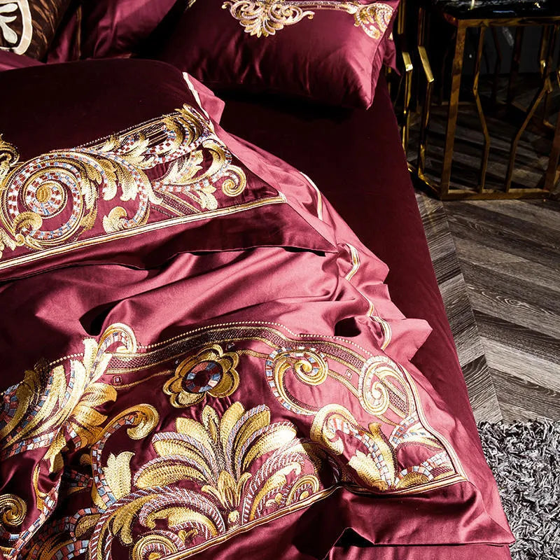 Embroidered Chinese cotton quilt cover in grey or red with plant and flower pattern for 1.8m 6ft bed