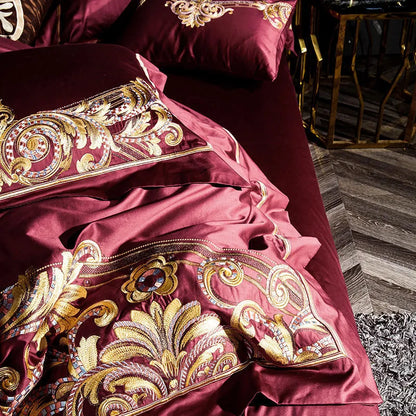 Embroidered Chinese cotton quilt cover in grey or red with plant and flower pattern for 1.8m 6ft bed