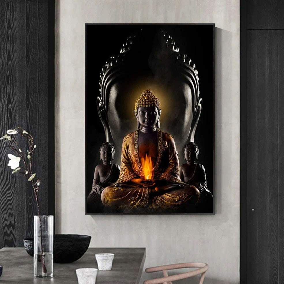 Modern Buddha canvas wall art in chemical fabric with detailed printing, available in 10 sizes from 20x30cm
