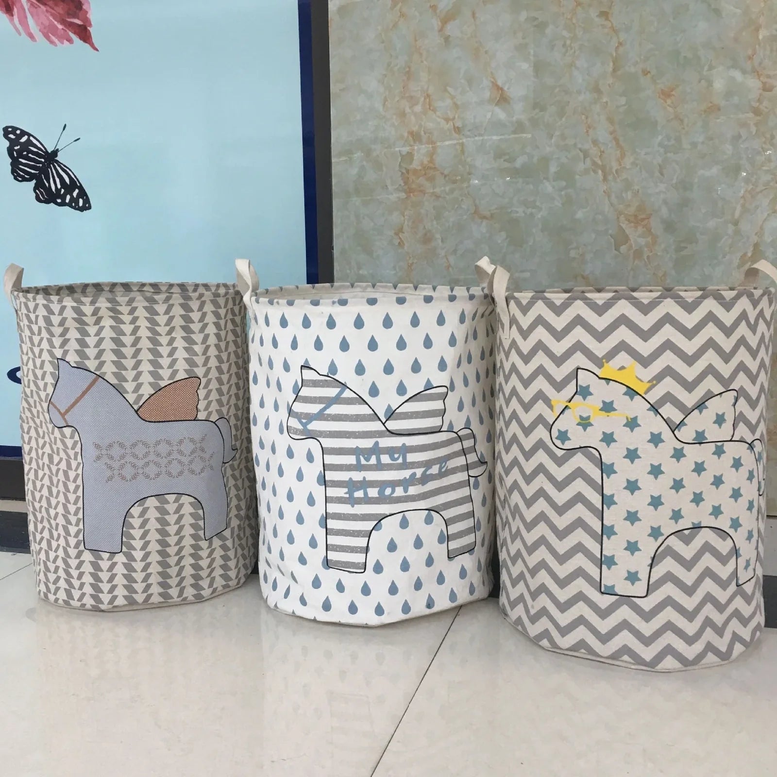 Cotton linen storage basket with five-pointed star horse pattern for laundry and toy organisation