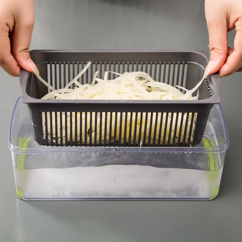 Multifunctional vegetable cutter with seven stainless steel blades on a food-grade plastic body.