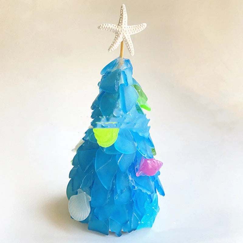 Blue PVC Christmas tree decoration with ocean-themed design, 15cm in height