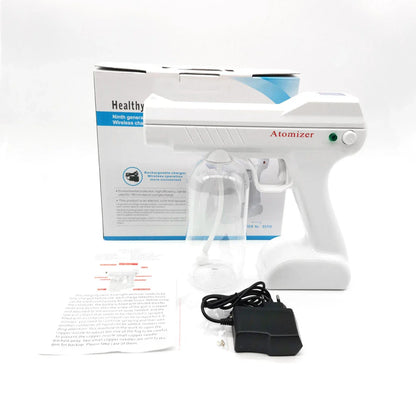 Cordless atomizing disinfectant sprayer with adjustable mist output, long-lasting battery, and durable brass nozzle for efficient sanitization