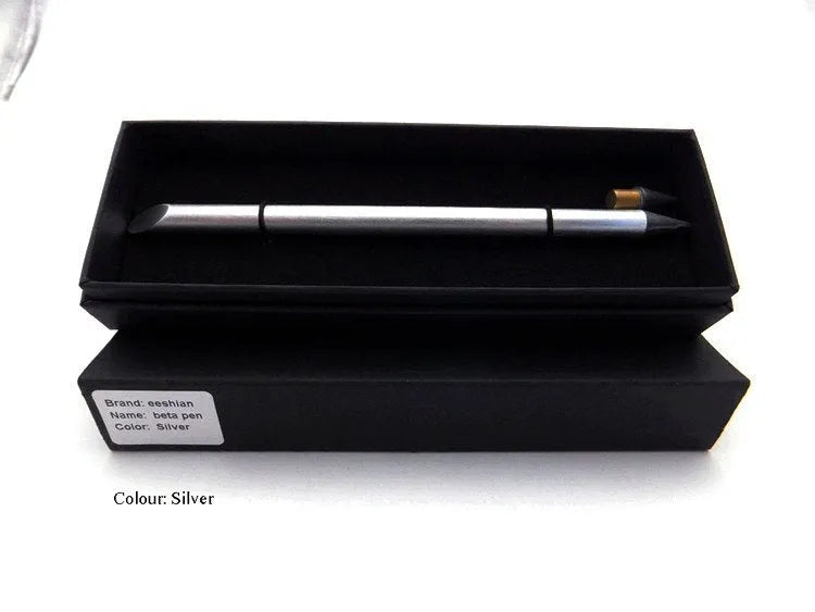 Inkless metal pen with 0.5mm alloy steel nib in silver finish, showing 16cm length and included presentation box