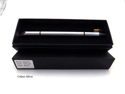 Inkless metal pen with 0.5mm alloy steel nib in silver finish, showing 16cm length and included presentation box