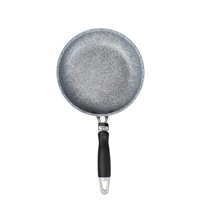 Japanese-style Maifan stone frying pan with glass lid showing non-stick surface and compound bottom