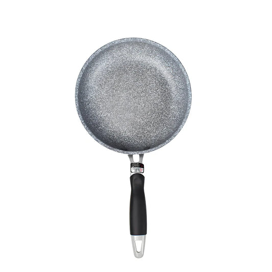 Japanese-style Maifan stone frying pan with glass lid showing non-stick surface and compound bottom