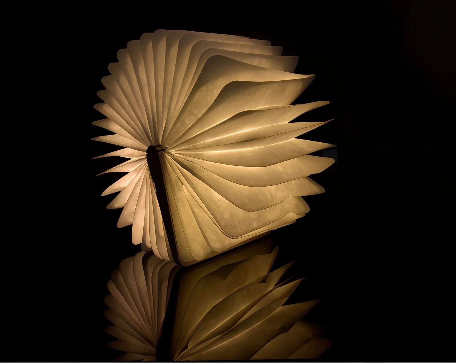 LED book lamp with wooden cover open at angle showing illuminated pages and USB cable