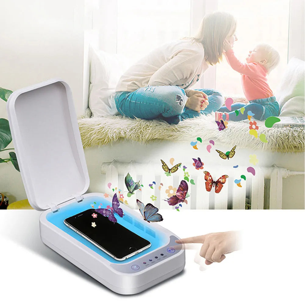Blue and white UV disinfection box for mobile phones up to 6.6 inches with 253.7nm UV-C light