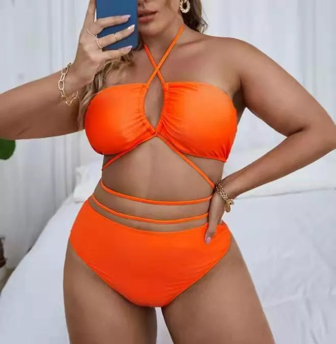 Plus Size Solid Color Split Ladies Bikini Set in black and orange