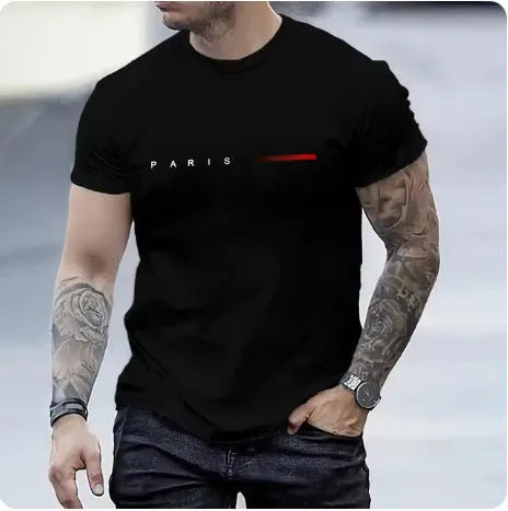 Men's slim-fit 3D printed graphic T-shirt on a hanger showing short sleeves.