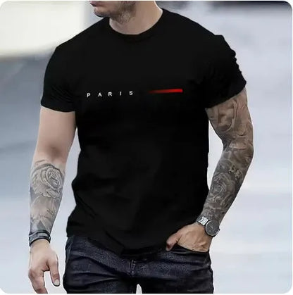 Men's slim-fit 3D printed graphic T-shirt on a hanger showing short sleeves.