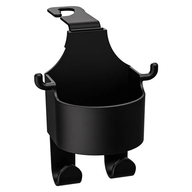 Black plastic car seat back hook organiser with cup holder compartment