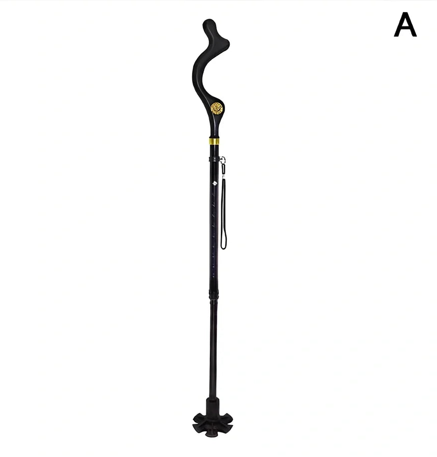 Telescopic folding walking stick with ergonomic handle extended to full height showing 6-tip base design