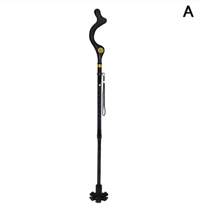 Telescopic folding walking stick with ergonomic handle extended to full height showing 6-tip base design