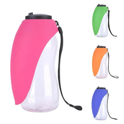 Portable pet water bottle with drinking bowl in blue, showing 680ml capacity and key lock mechanism