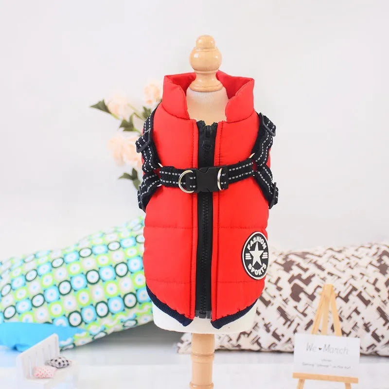 Waterproof dog coat with integrated harness in red colour, sized for medium dog breeds