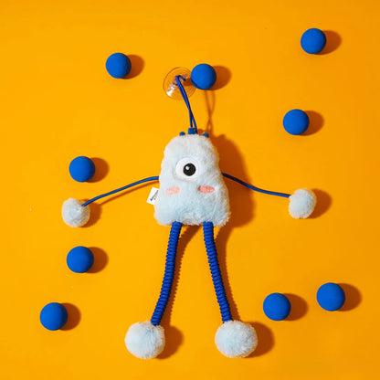 Blue telescopic elastic cat toy with plush mint bell ring measuring 30x30 cm