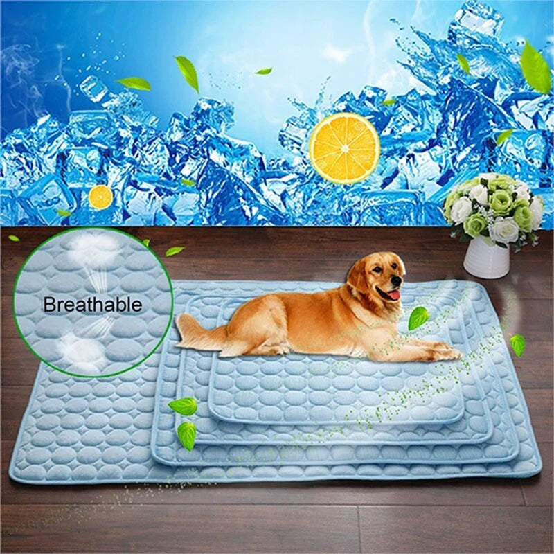 Cooling pet pad for dogs and cats made with heat-resistant fibers for instant cooling relief during summer
