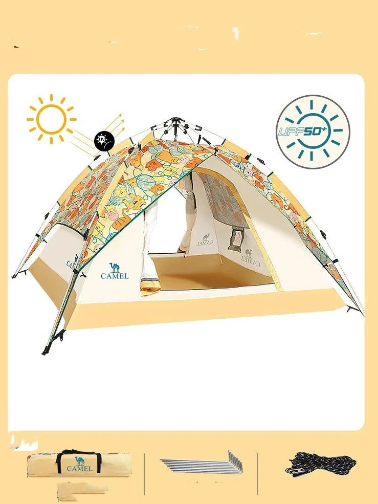 Automatic folding camping tent in blue set up on grass showing 220cm length and 120cm height