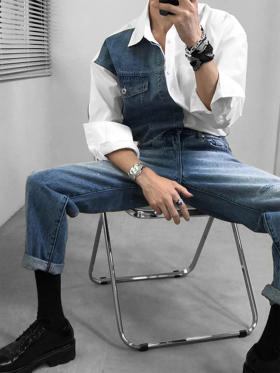 Longdaodao men's white denim splicing long sleeve shirt, casual spring top, sizes M to 2XL