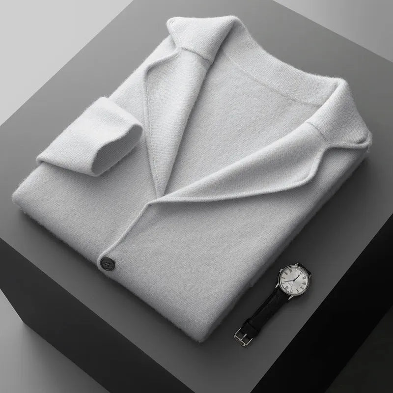Men's cashmere blend lapel cardigan sweater in light grey showing loose fit and thickened knit construction