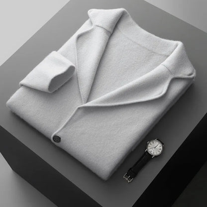 Men's cashmere blend lapel cardigan sweater in light grey showing loose fit and thickened knit construction