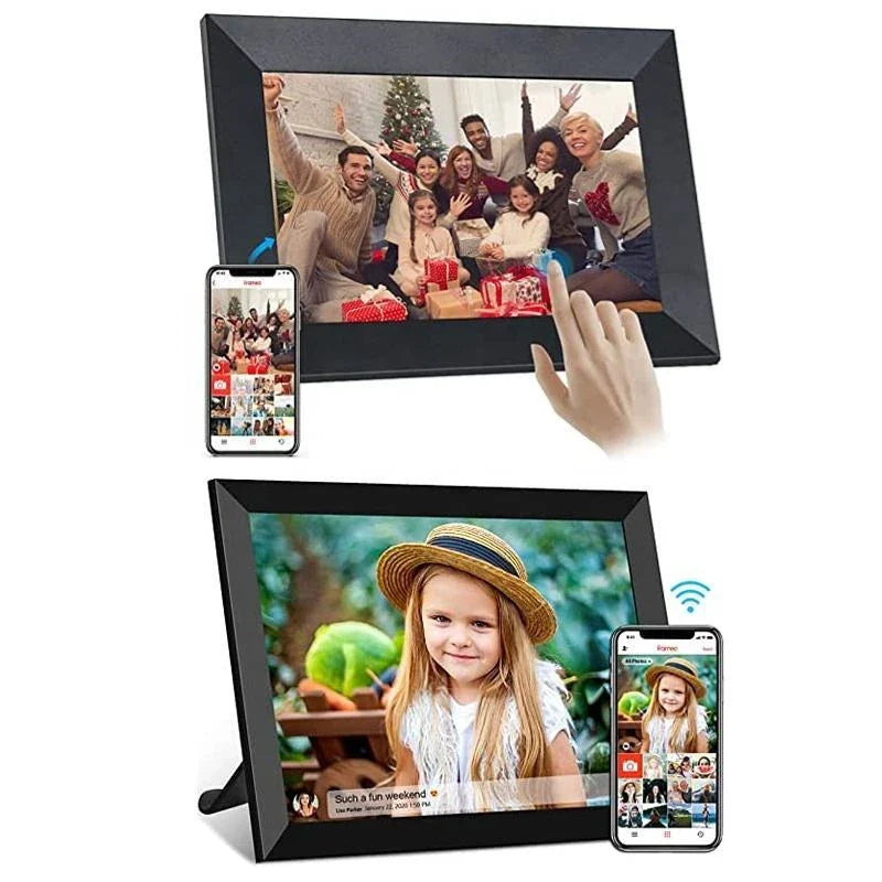 Touchscreen smart WiFi digital photo frame with rotating display, allowing users to easily share and view photos from anywhere.